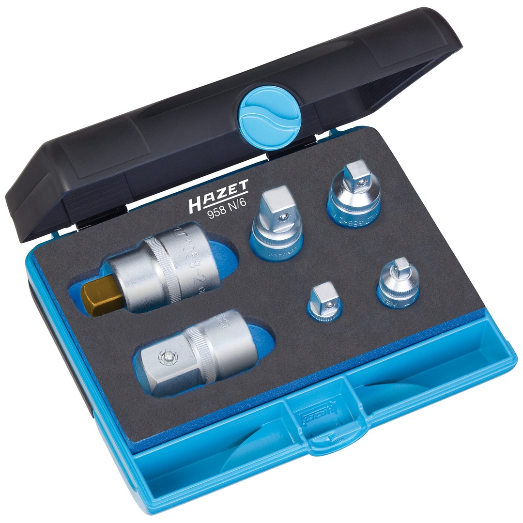 Hazet Adapter Satz 958N/6, 1/4 (6,3 mm) Vierkant hohl, 3/8 (10 mm) Vierkant hohl, 1/2 (12,5 mm) Vierkant hohl, 3/4 (20 mm) Vierkant hohl, 1/4 (6,