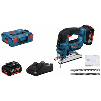 Bosch Akku-Stichsäge GST 18 V-LI B, incl. 2x Akku GBA 4 Ah, Schnellladegerät, 3x Stichsägeblatt, Zubehör, L-BOXX