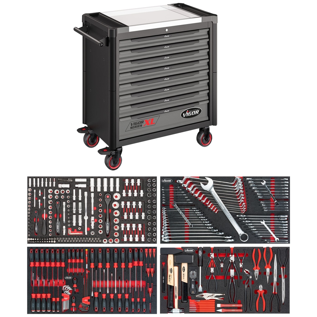 VIGOR Werkstattwagen Series XL, Edelstahl-Arbeitsplatte, mit Sortiment, 375-tlg., Anzahl Werkzeuge: 375