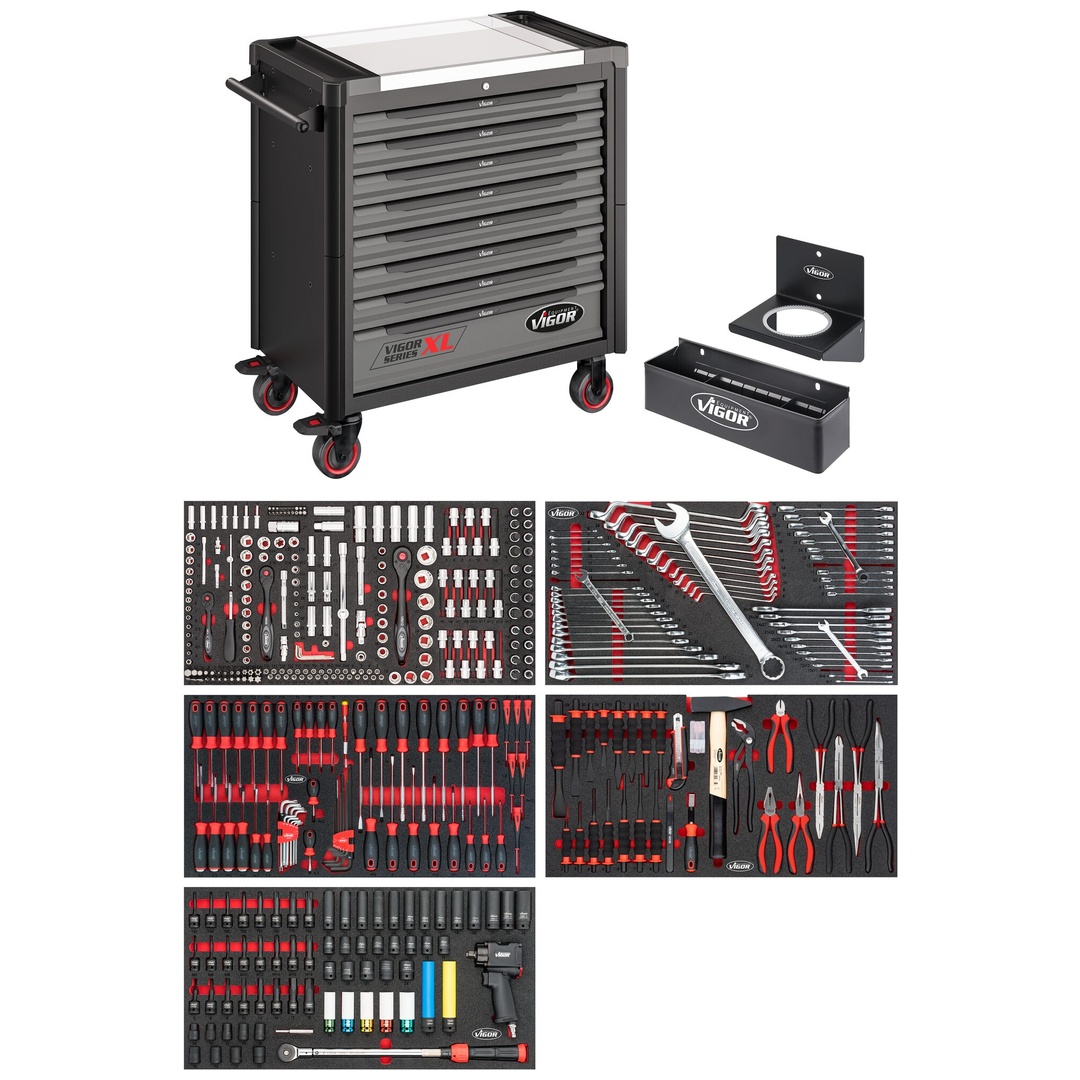 VIGOR Werkstattwagen Series XL, Edelstahl-Arbeitsplatte, mit Sortiment, 466-tlg., Anzahl Werkzeuge: 466