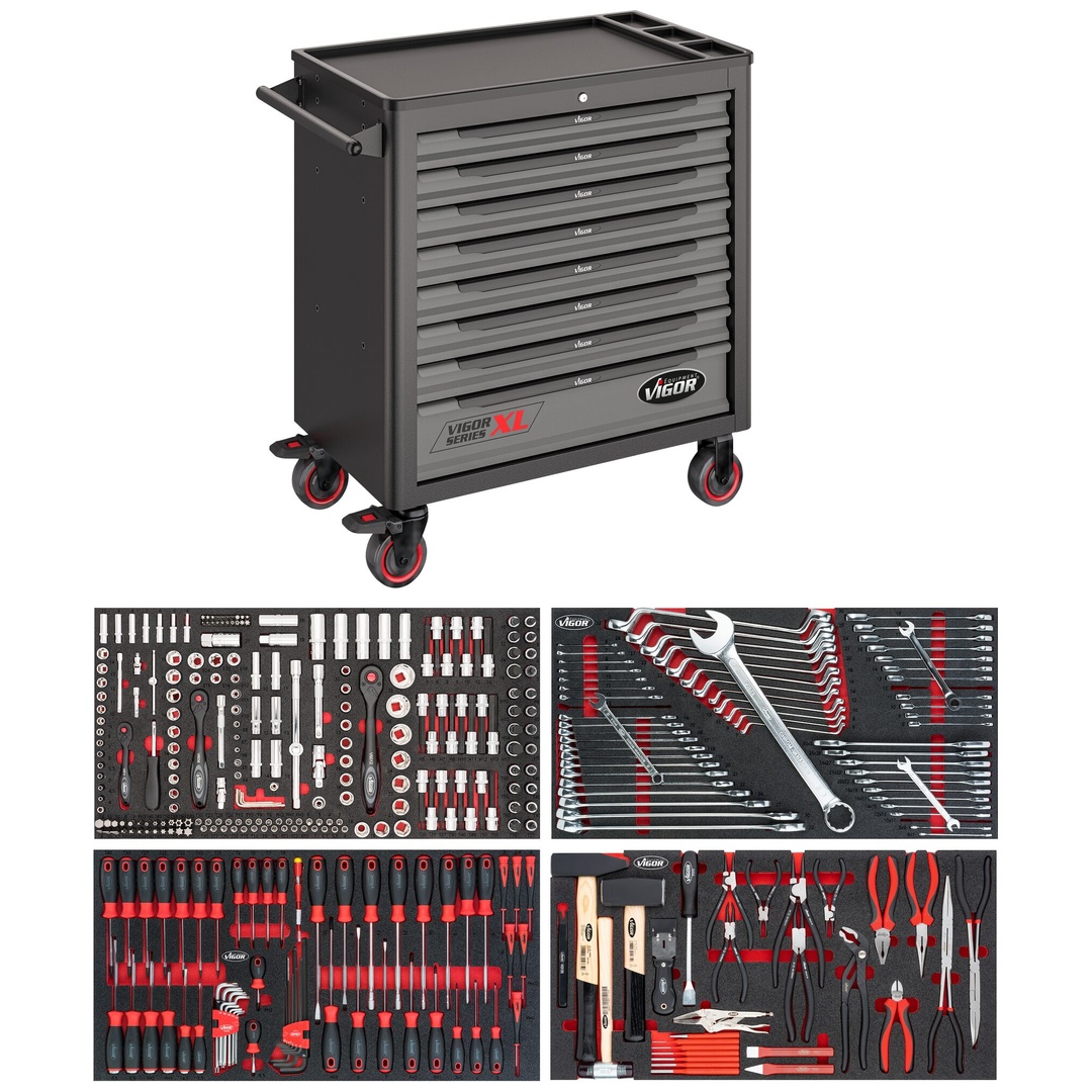 VIGOR Werkstattwagen Series XL, Kunststoff-Arbeitsplatte, mit Sortiment, 375-tlg., Anzahl Werkzeuge: 375