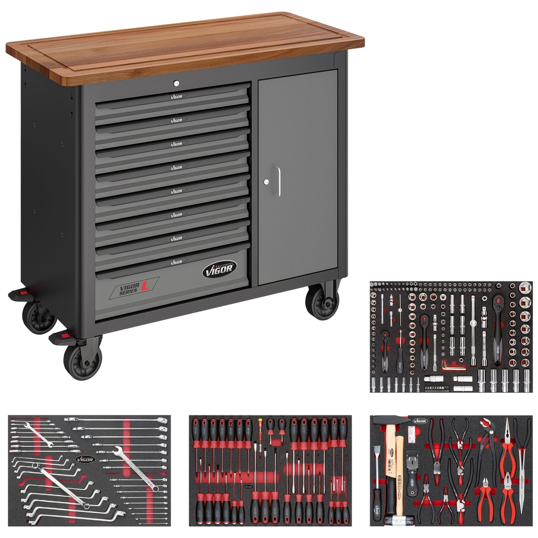 VIGOR Mobile Werkbank Series L, mit Sortiment, 256-tlg., Anzahl Werkzeuge: 256