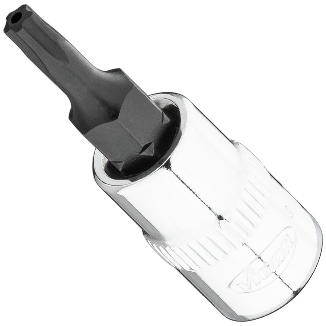 VIGOR Schraubendrehereinsatz, 1/4 (6,3 mm) Vierkant hohl, Innenprofil mit 5 abgerundeten Flanken, mit Stirnlochbohrung (TX-ähnlich), SW T15+H