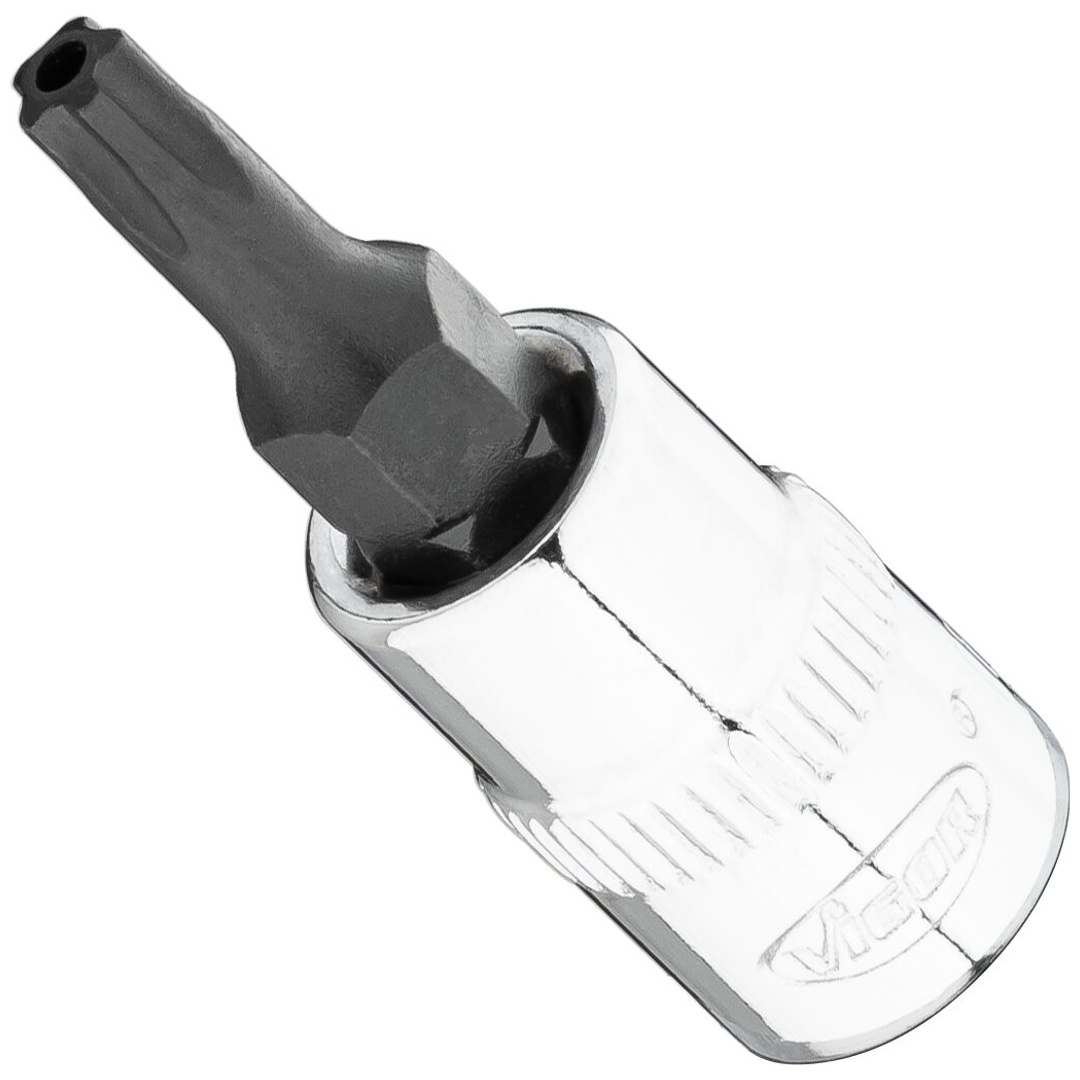 VIGOR Schraubendrehereinsatz, 1/4 (6,3 mm) Vierkant hohl, Innenprofil mit 5 abgerundeten Flanken, mit Stirnlochbohrung (TX-ähnlich), SW T20+H
