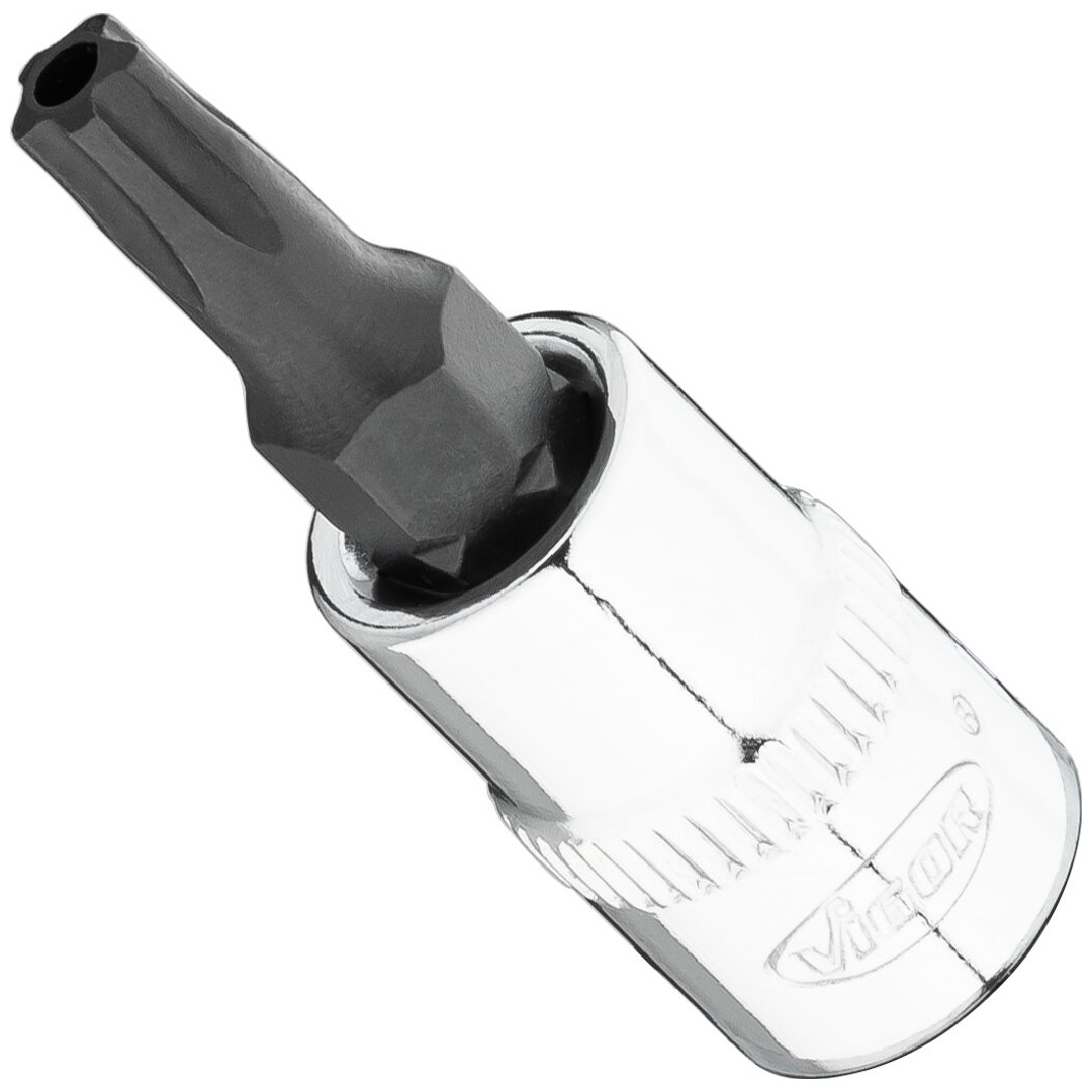 VIGOR Schraubendrehereinsatz, 1/4 (6,3 mm) Vierkant hohl, Innenprofil mit 5 abgerundeten Flanken, mit Stirnlochbohrung (TX-ähnlich), SW T25+H