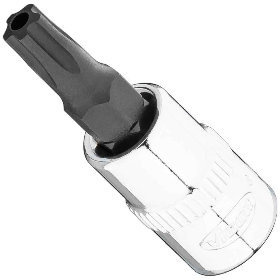 VIGOR Schraubendrehereinsatz, 1/4 (6,3 mm) Vierkant hohl, Innenprofil mit 5 abgerundeten Flanken, mit Stirnlochbohrung (TX-ähnlich), SW T27+H