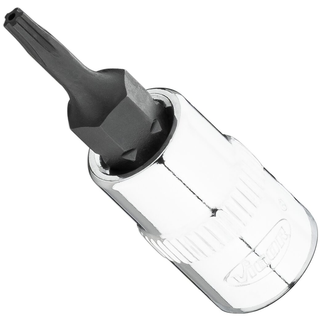 VIGOR Schraubendrehereinsatz, 1/4 (6,3 mm) Vierkant hohl, Innenprofil mit 5 abgerundeten Flanken, mit Stirnlochbohrung (TX-ähnlich), SW T8+H