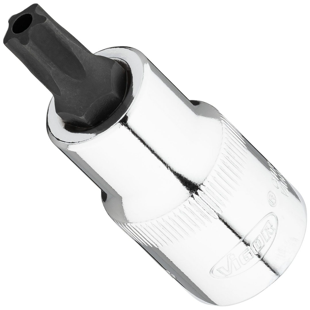 VIGOR Schraubendrehereinsatz, 1/2 (12,5 mm) Vierkant hohl, Innenprofil mit 5 abgerundeten Flanken, mit Stirnlochbohrung (TX-ähnlich), SW T45+H