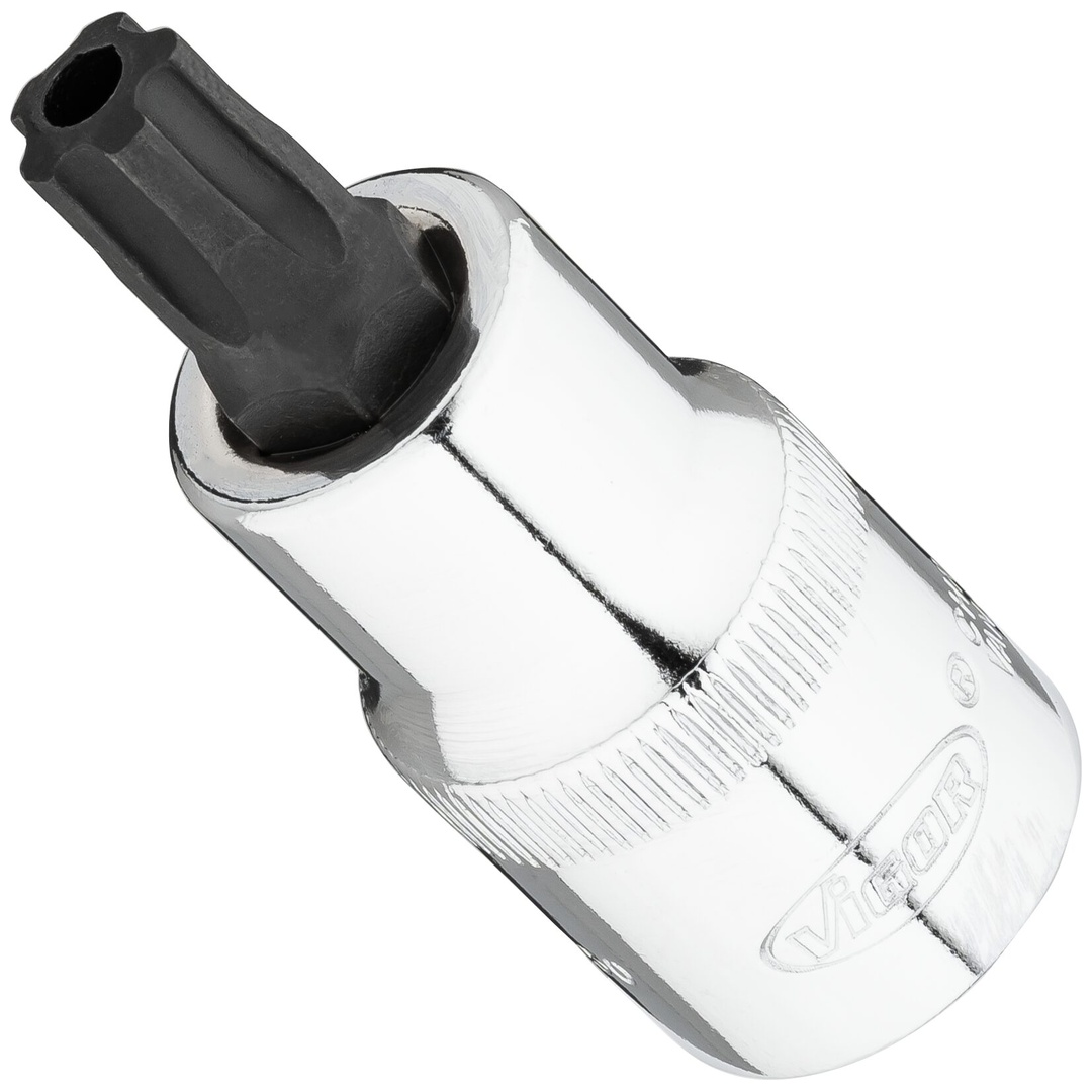 VIGOR Schraubendrehereinsatz, 1/2 (12,5 mm) Vierkant hohl, Innenprofil mit 5 abgerundeten Flanken, mit Stirnlochbohrung (TX-ähnlich), SW T50+H