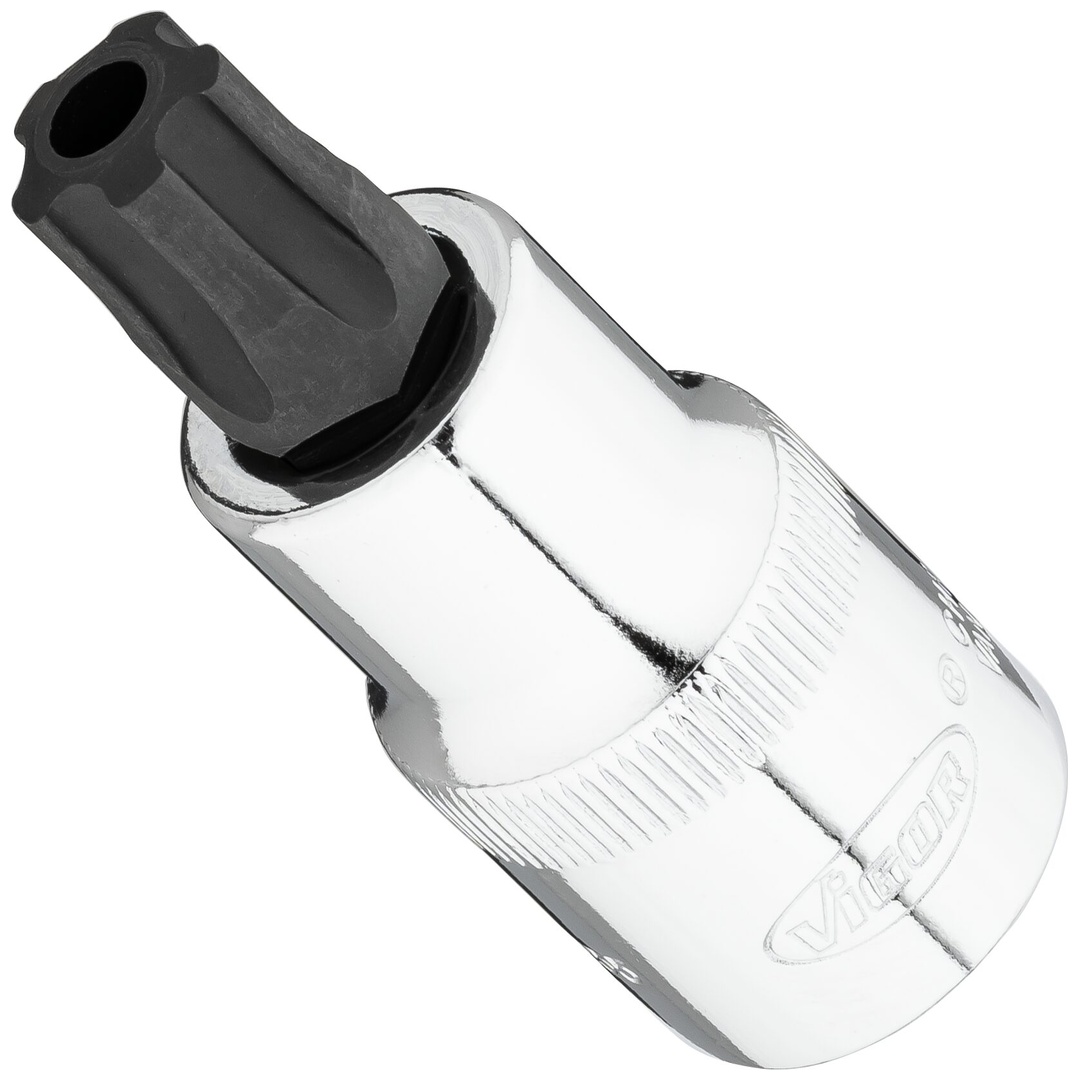 VIGOR Schraubendrehereinsatz, 1/2 (12,5 mm) Vierkant hohl, Innenprofil mit 5 abgerundeten Flanken, mit Stirnlochbohrung (TX-ähnlich), SW T55+H