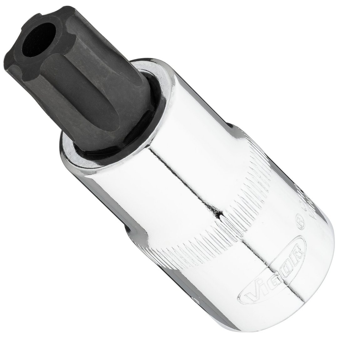 VIGOR Schraubendrehereinsatz, 1/2 (12,5 mm) Vierkant hohl, Innenprofil mit 5 abgerundeten Flanken, mit Stirnlochbohrung (TX-ähnlich), SW T60+H