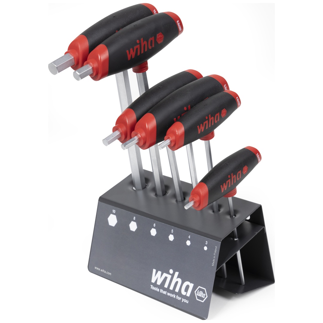 Wiha Stiftschlüssel mit Quergriff Set ComfortGrip Sechskant 6-tlg. mit Seitenabtrieb, mattverchromt im Werkbankständer