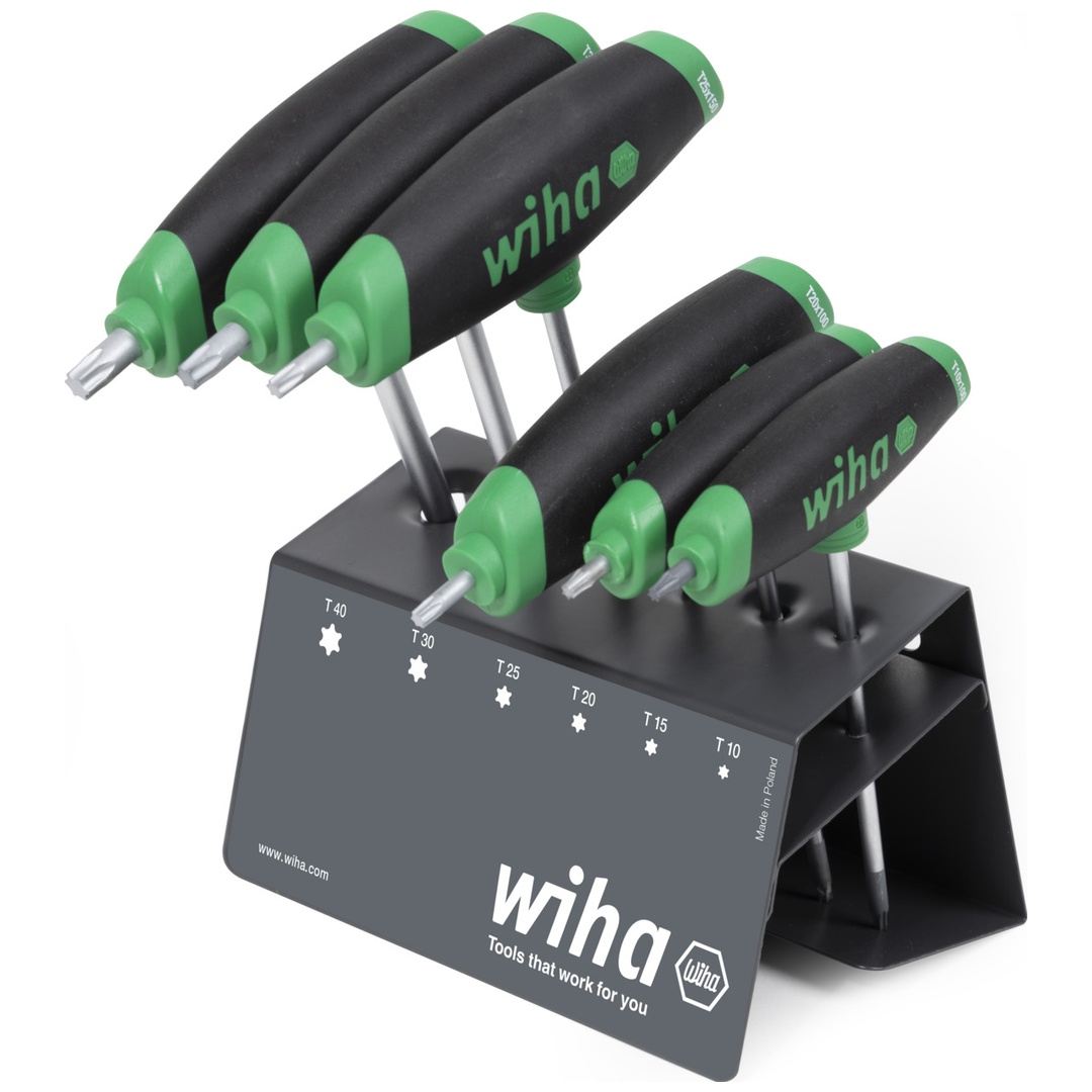 Wiha Stiftschlüssel mit Quergriff Set ComfortGrip TX 7-tlg. mit Seitenabtrieb, mattverchromt im Werkbankständer