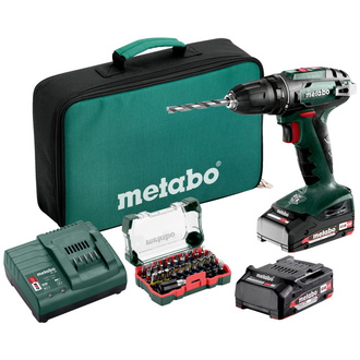 Metabo Akku-Bohrschrauber BS 18 Set, mit Bit-Box SP (32-tlg.), Werkzeugtasche, 18V 2x2Ah Li-Power + SC 30