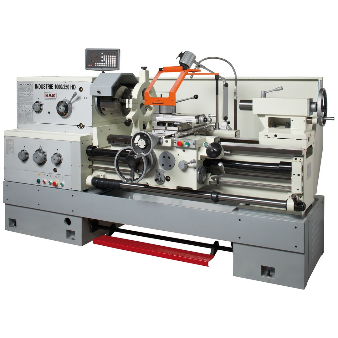 ELMAG Universal-Drehmaschine INDUSTRIE 2000/250 HD, inkl. RÖHM-Drehfutter inkl. 3-Achs-Positionsanzeige inkl. Schnellwechsel-Stahlhalter Set, System