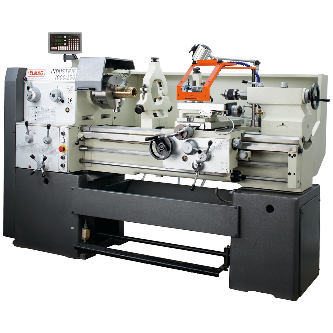 ELMAG Universal-Drehmaschine INDUSTRIE 1500/250, inkl. RÖHM-Drehfutter inkl. 3-Achs-Positionsanzeige inkl. Schnellwechsel-Stahlhalter Set, System Mu