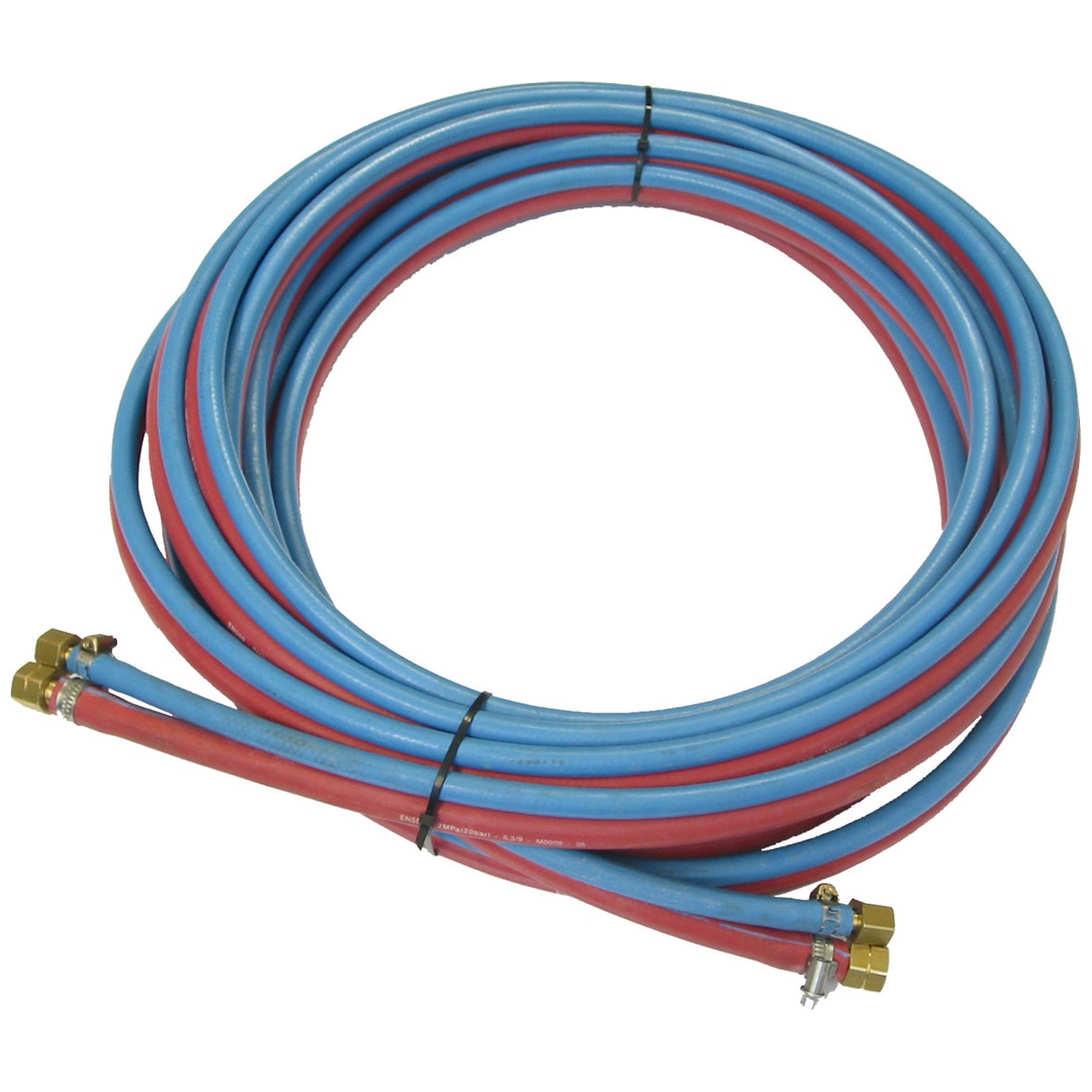 ELMAG Zwillingsschlauch-Set inkl. Anschlüsse - 10m, Sauerstoff/Azetylen, Schlauchanschlüsse: Sauerstoff (blau/6x13mm) IG 1/4 und Azetylen (rot/9