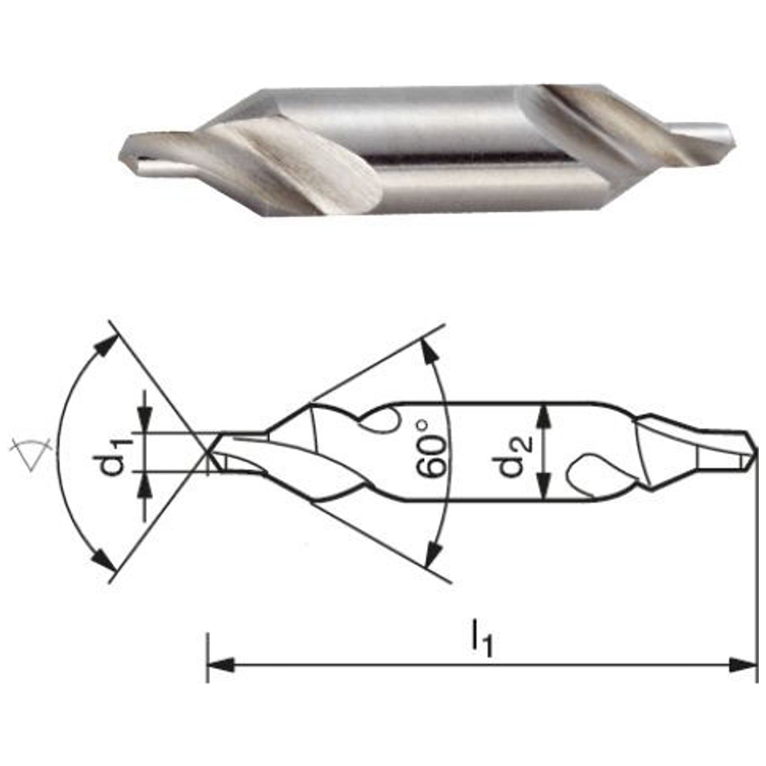 ELMAG Zentrierbohrer DIN 333 Form A, Bohr.Ø 0,8 x Schaft.Ø 3,15 mm, , L=25,00mm, spiralgenutet, 60° Senkwinkel, rechtsschneidend, aus HSS