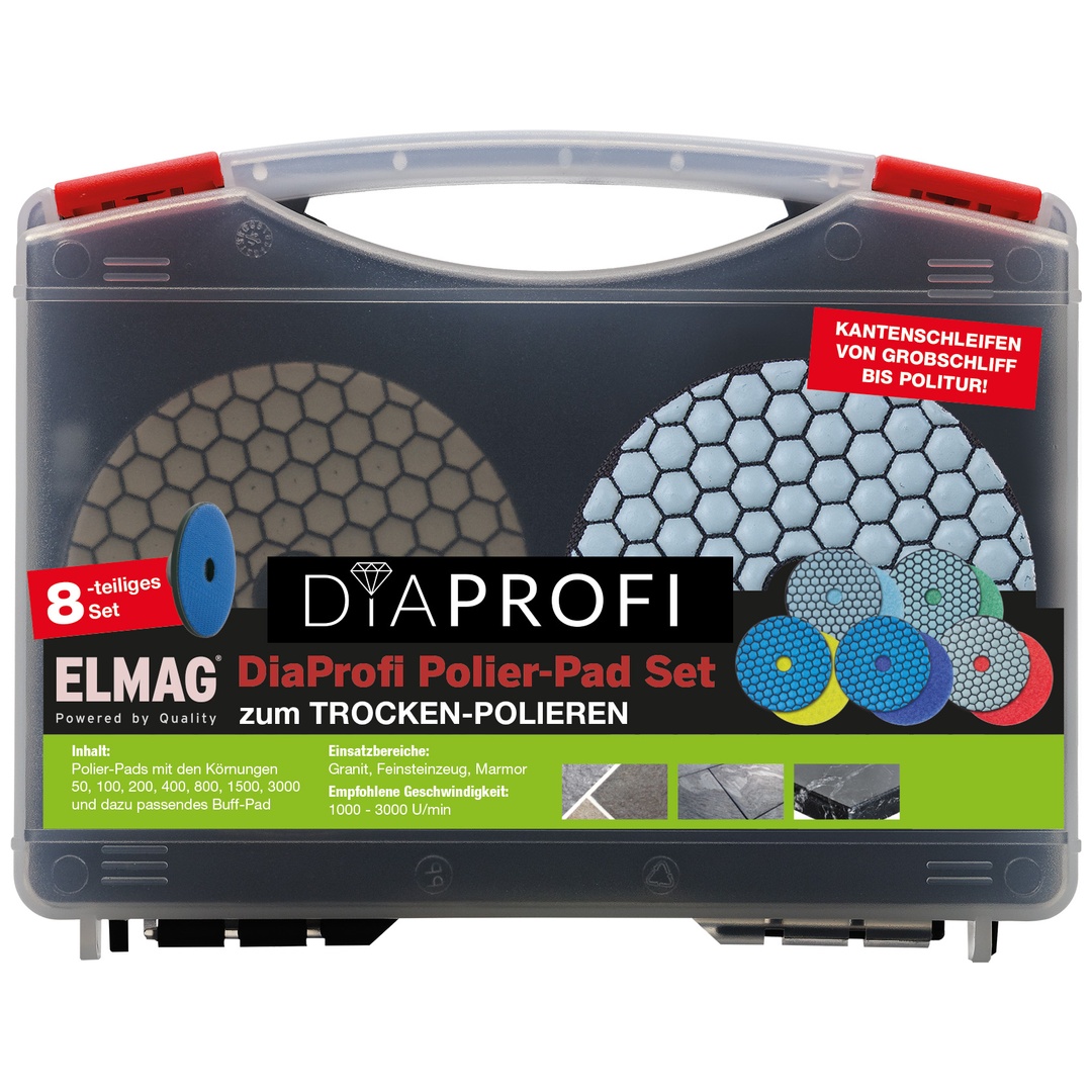 ELMAG DiaProfi-Polierpad - SET Ø100mm Körnung 50/100/200/400/800/1500/3000 inkl. Halteteller kompl. Im Koffer