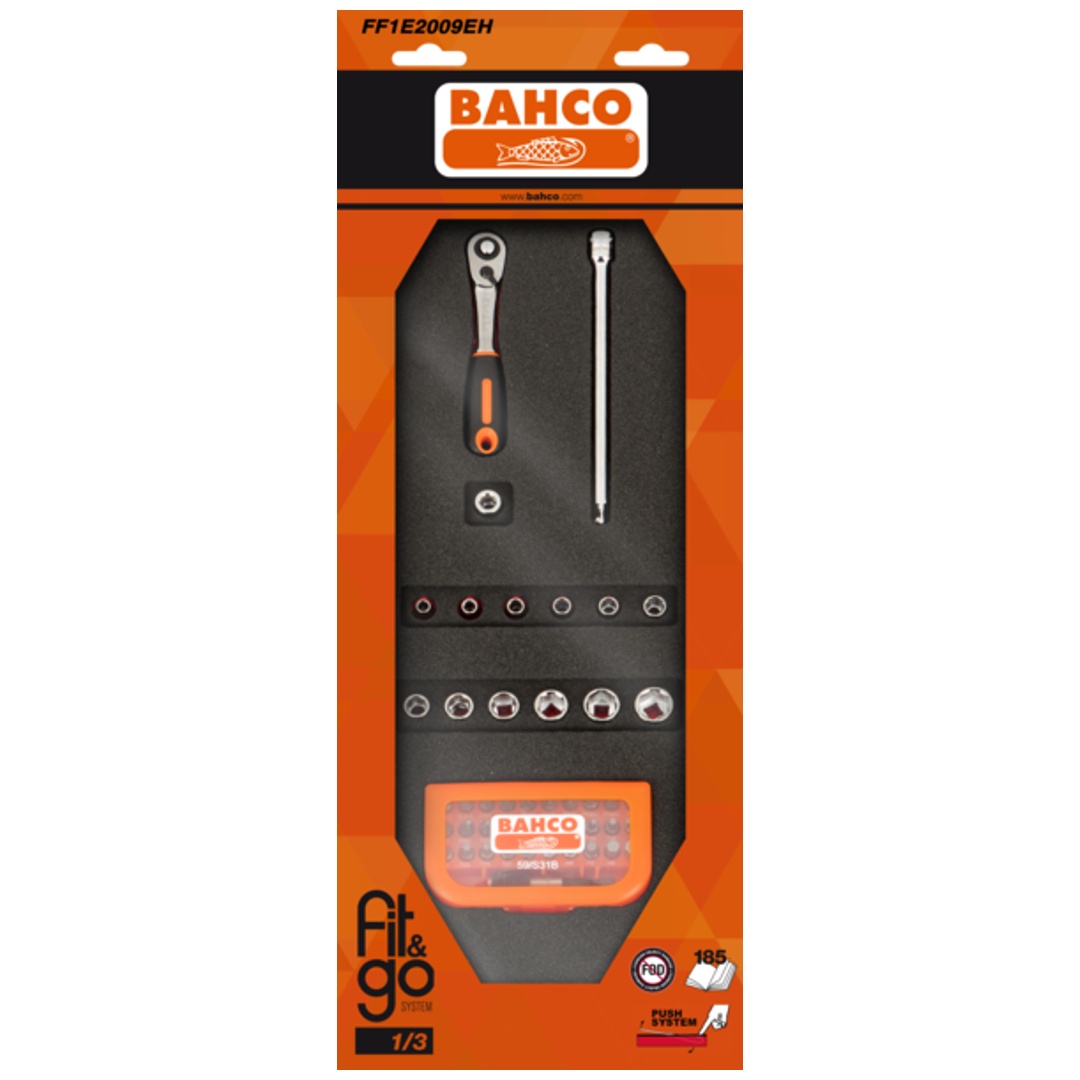 Bahco Fit&Go 1/3 Schaumstoffeinlage mit Satz 1/4-Steckschlüsseleinsätze und Bit-Satz - 46-tlg.