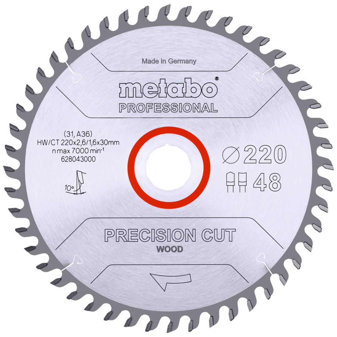 Metabo Sägeblatt precision cut wood - professional 220x2,6/1,6x30, Z48, Spanwinkel 10°, Hohlzahn
