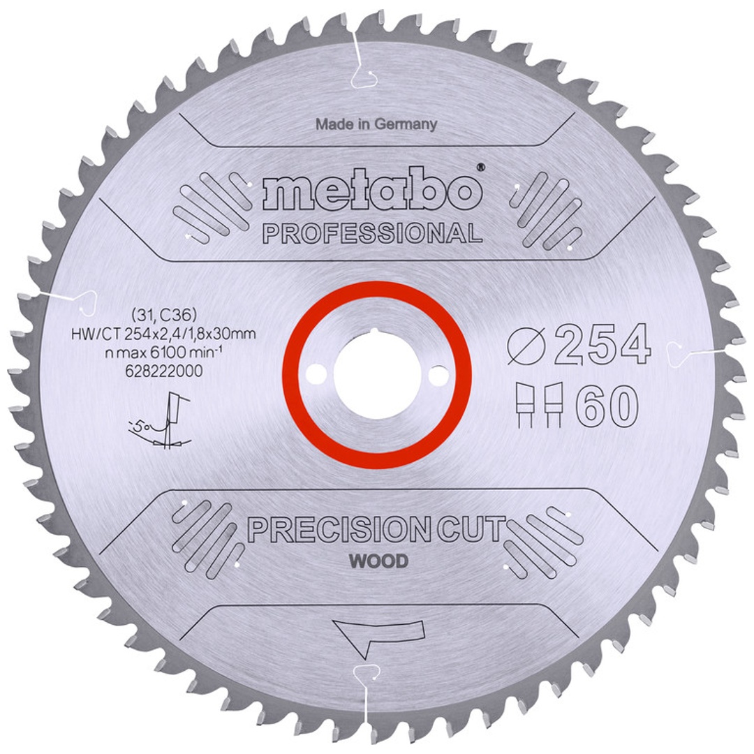 Metabo Sägeblatt precision cut wood - professional 254x2,4/1,8x30, Z60, Spanwinkel -5°, Wechselzahn