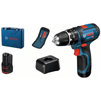 Bosch Akku-Schlagbohrschrauber Aktionsset GSB 12V-15, incl. 2x Akku GBA, Ladegerät, 10-tlg.Bit-Set, Handwerkerkoffer