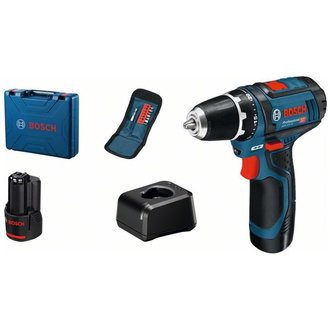 Bosch Akku-Bohrschrauber Aktionsset GSR 12V-15, incl. 2x Akku GBA 2 h, Ladegerät, 10-tlg. Bit-Set, Handwerkerkoffer