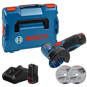 Bosch Akku-Winkelschleifer GWS 12V-76, mit 2 x 3,0 Ah Li-Ion Akku, L-BOXX mit Einlage, 3 x Trennscheibe