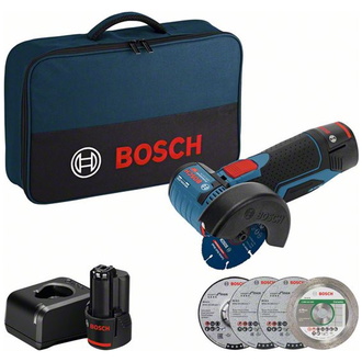 Bosch Akku-Winkelschleifer GWS 12V-76, incl. 2x Akku GBA 2 Ah, Ladegerät, Zubehör, Werkzeugtasche