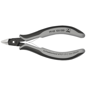 Knipex Präzisions-Elektronik-Seitenschneider ESD, mit Mehrkomponenten-Hüllen, brüniert, 125 mm, Art.Nr. 79 62 125 ESD