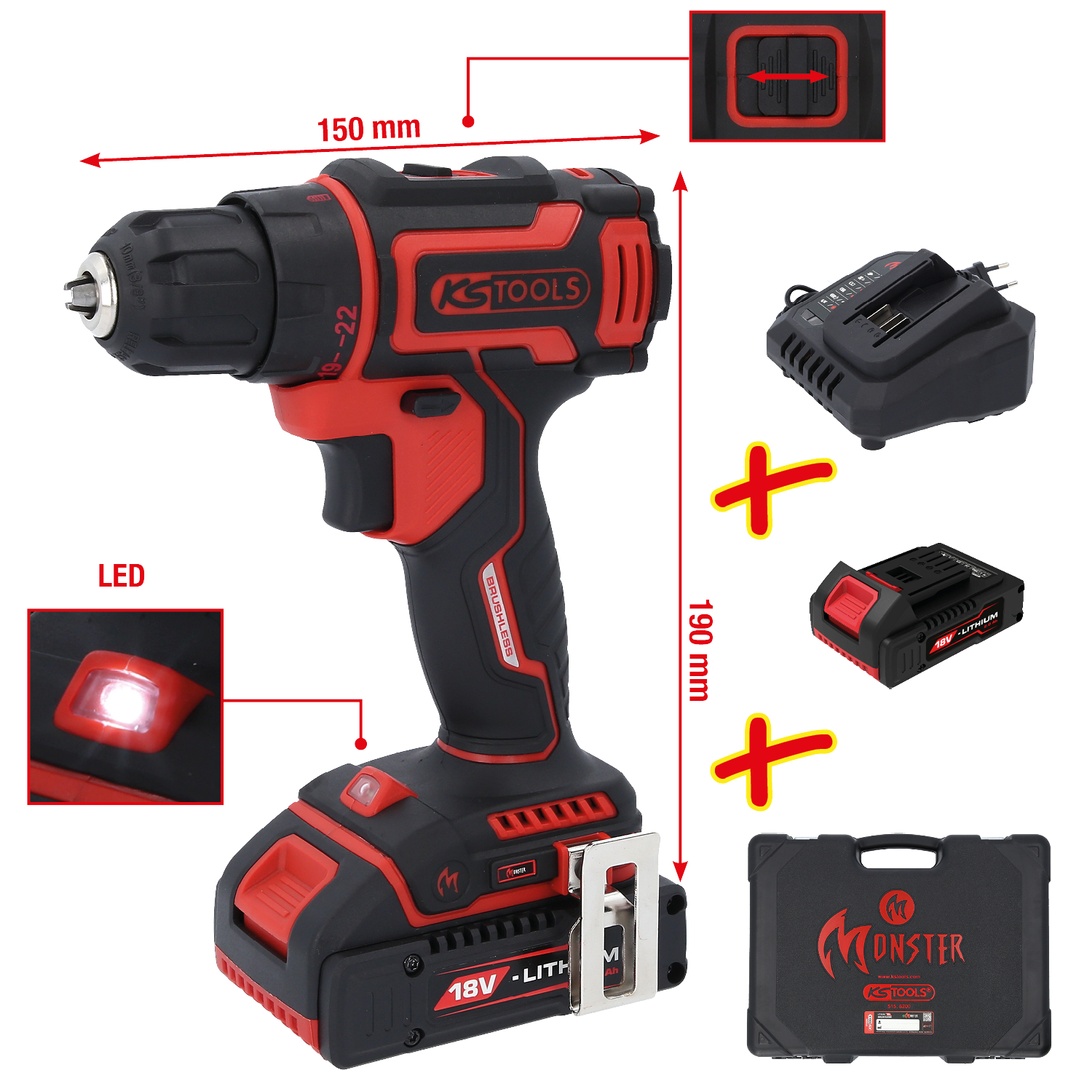 KS Tools eMONSTER Brushless-Akku-Bohr-Schrauber-Satz, 4-tlg