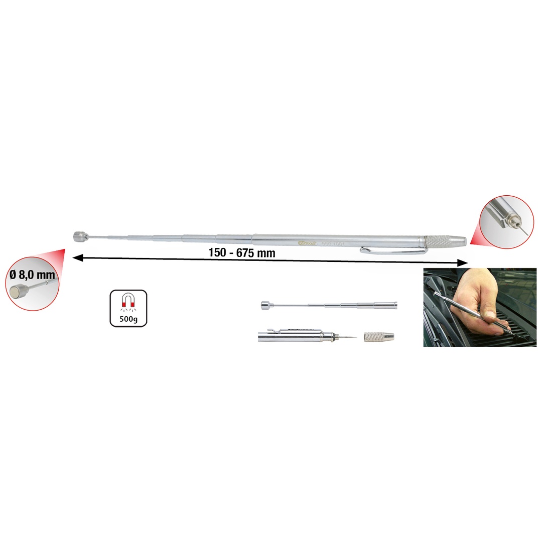 KS Tools 2in1 Teleskop-Magnethalter mit Waschdüsen-Reinigungs- und Einstellwerkzeug, 150-675 mm