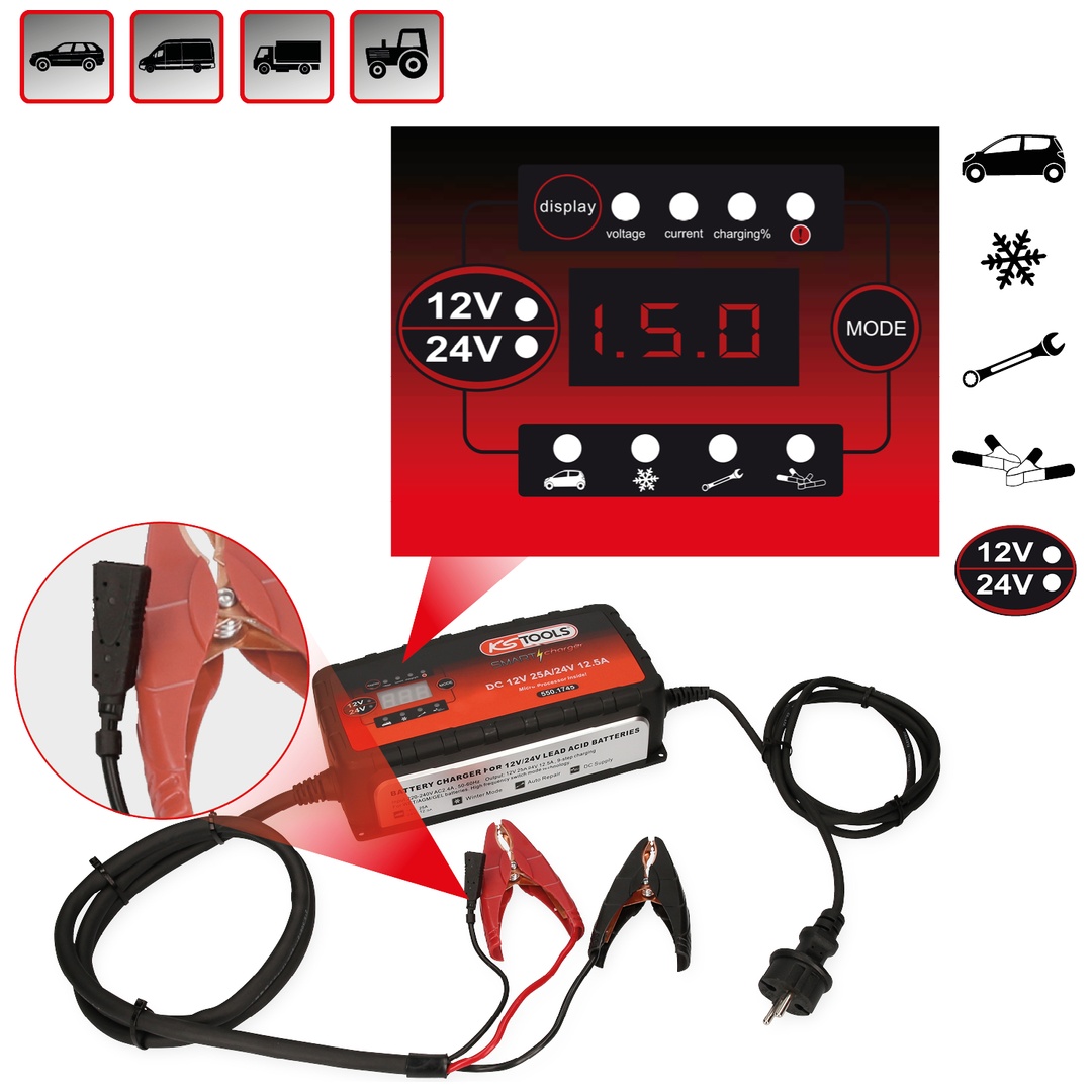 KS Tools 12V + 24V SMARTcharger Hochfrequenz-Batterieladegerät 25A/12,5A