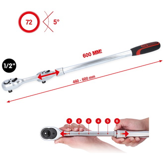 KS Tools 1/2" Teleskop-Umschaltknarre, extra lang, 72-Zahn