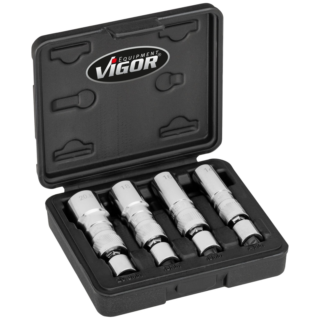 VIGOR Zündkerzen Steckschlüssel Satz, 3/8 (10 mm) Vierkant hohl, Außen Doppelsechskant Profil, 4-tlg., 14, 16, 18, 20,8, Anzahl Werkzeuge: 4