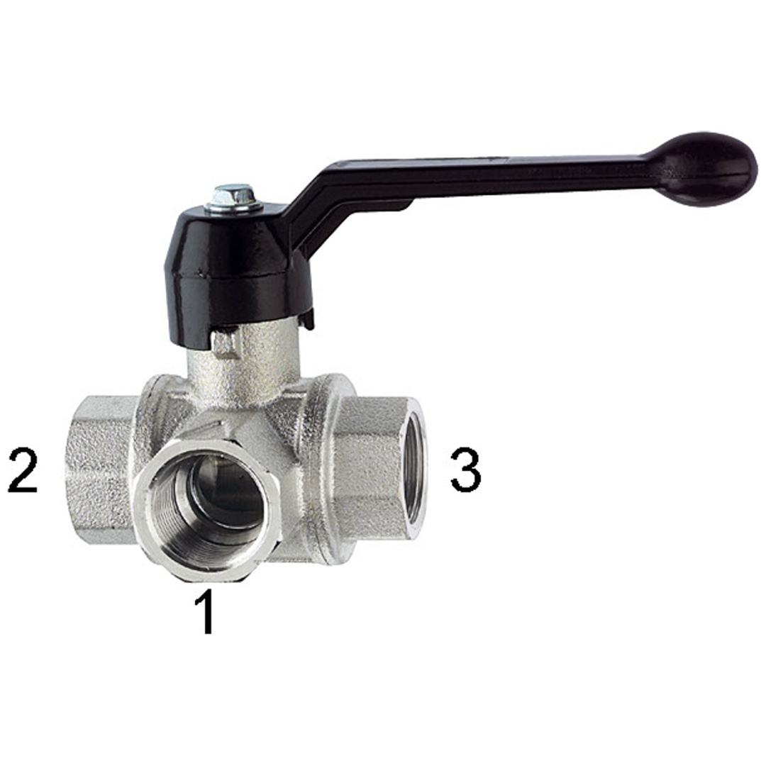 Riegler 3-Wege-Kugelhahn, Standard, L-Bohr., Messing vern., Rp 3/4, DN 20