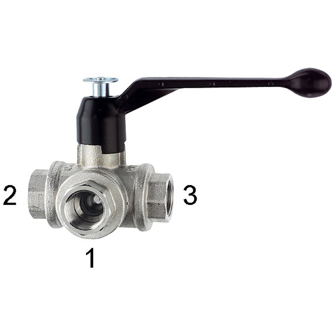 Riegler 3-Wege-Kugelhahn, L-Bohrung, Messing vernickelt, Rp 3/4, DN 20