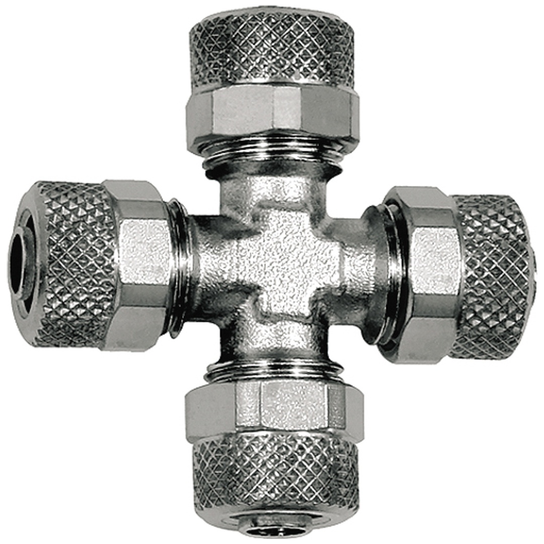 Riegler Kreuzverbindung, für Schlauch 6/4 mm, SW 8, Messing vernickelt