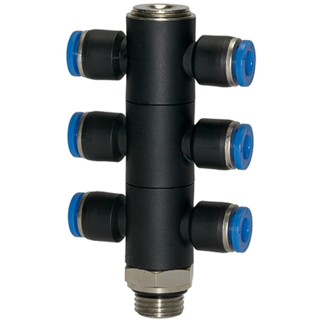 Riegler T-Mehrfachverteiler »Blaue Serie«, 6-fach, drehbar, G 1/4 a. Ø 8mm