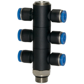 Riegler T-Mehrfachverteiler »Blaue Serie«, 6-fach, drehbar, G 1/8 a. Ø 4mm