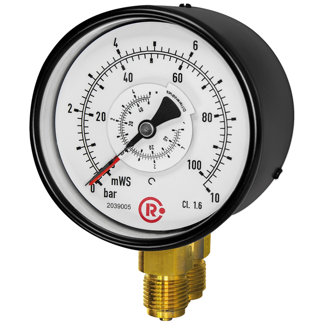 Riegler Differenzdruckmanometer, 2x G 1/2 unten, parallel, 0-10,0 bar, Ø 100, Art.Nr. 1206-R