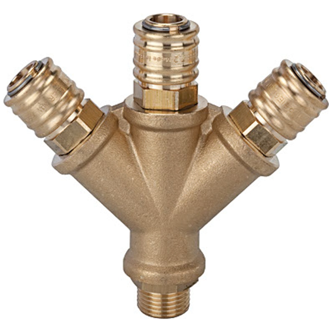 Riegler Verteiler 3-fach, Messingmit 3 Kupplungen NW7,2, AG G1/2