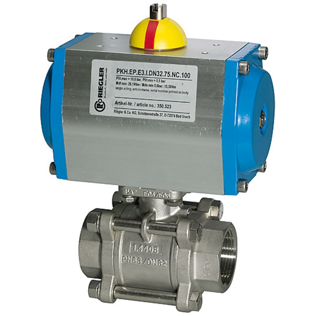 Riegler Edelstahl-Kugelhahn, pneumat. Stellantrieb, doppeltwirkend, Rp 2, DN 50