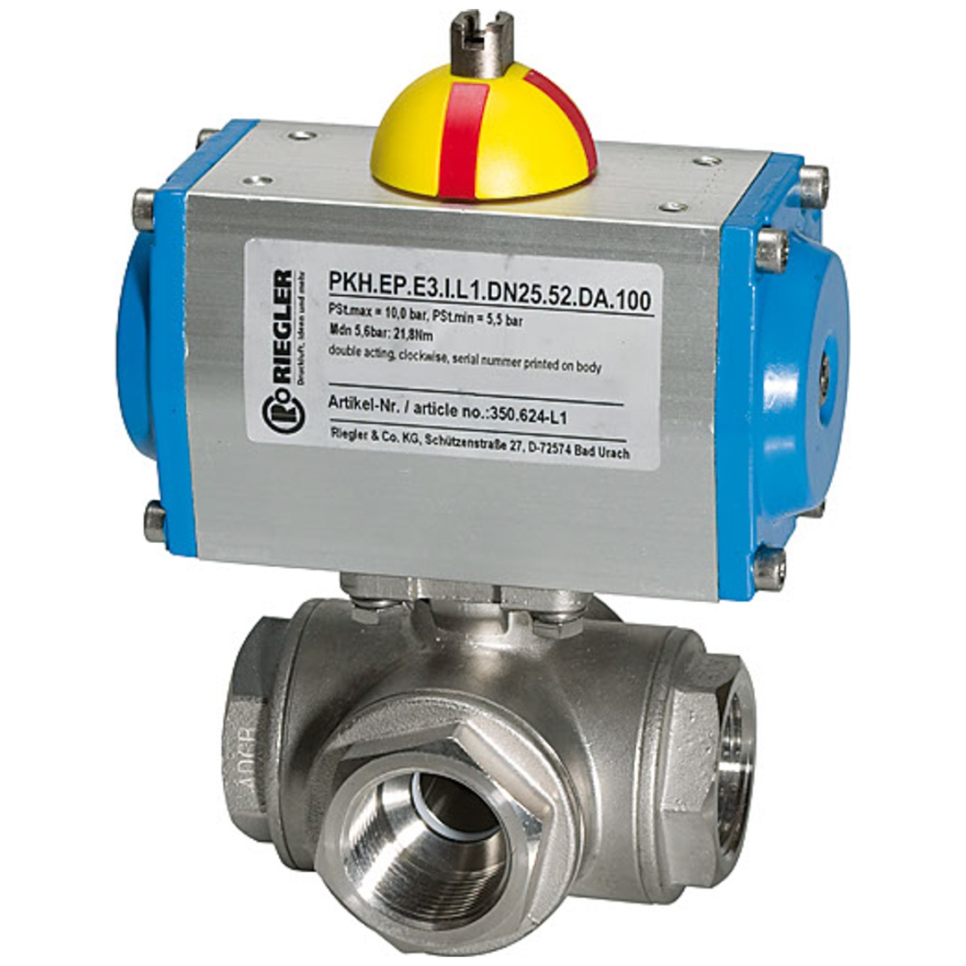 Riegler Edelstahl-Kugelhahn, pneumat. Stellantrieb doppeltwirkend, L-Bohrung, Rp 3/4