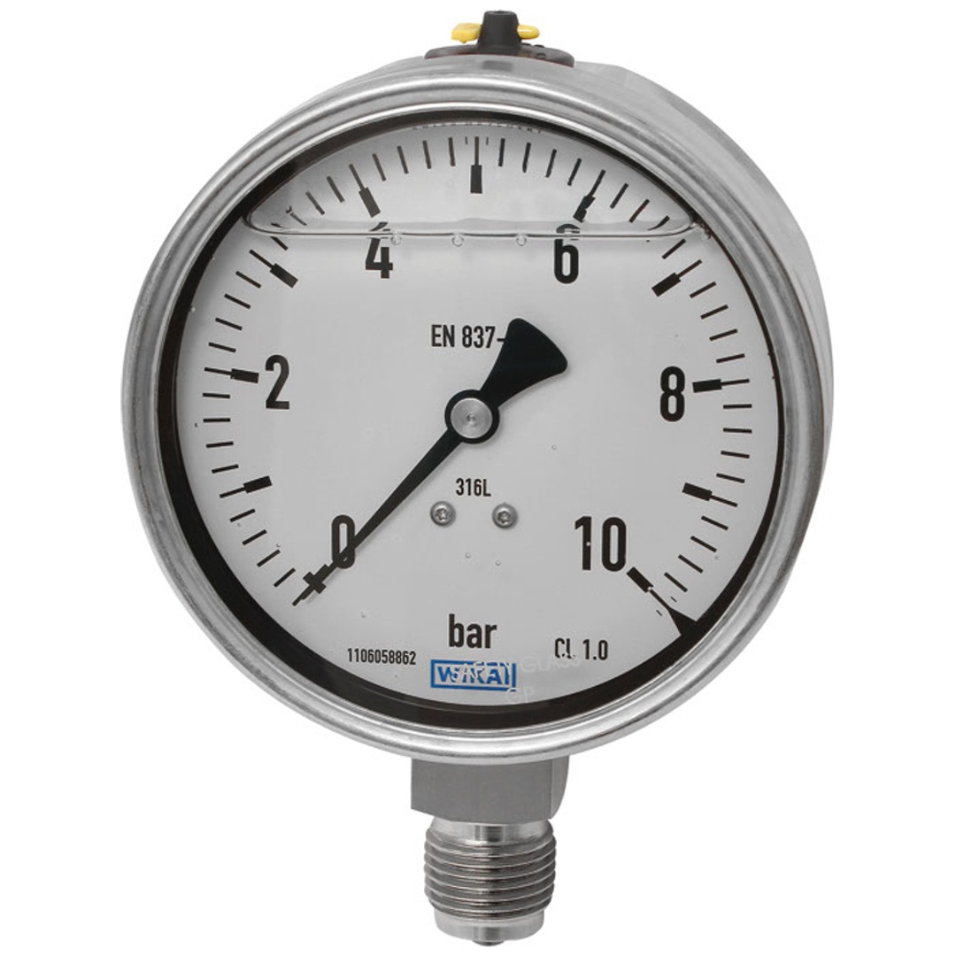 Riegler Glyzerinmanometer, CrNi-Stahl, E-Skala, G 1/2 unten, 0-4,0 bar, Ø 100