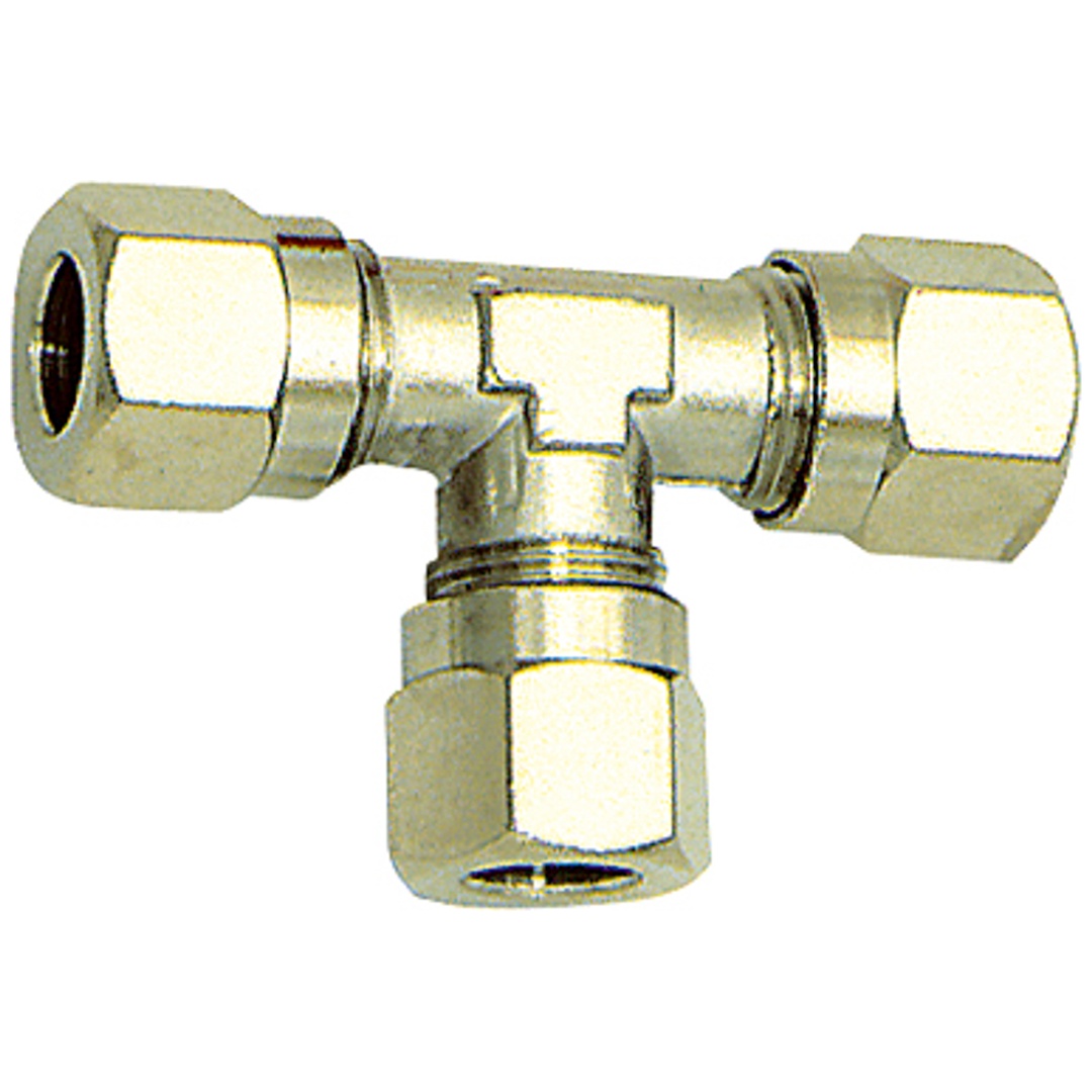 Riegler T-Verschraubung, Rohr-Außen-Ø 12 mm, SW 15, SW1 22, Messing vern.