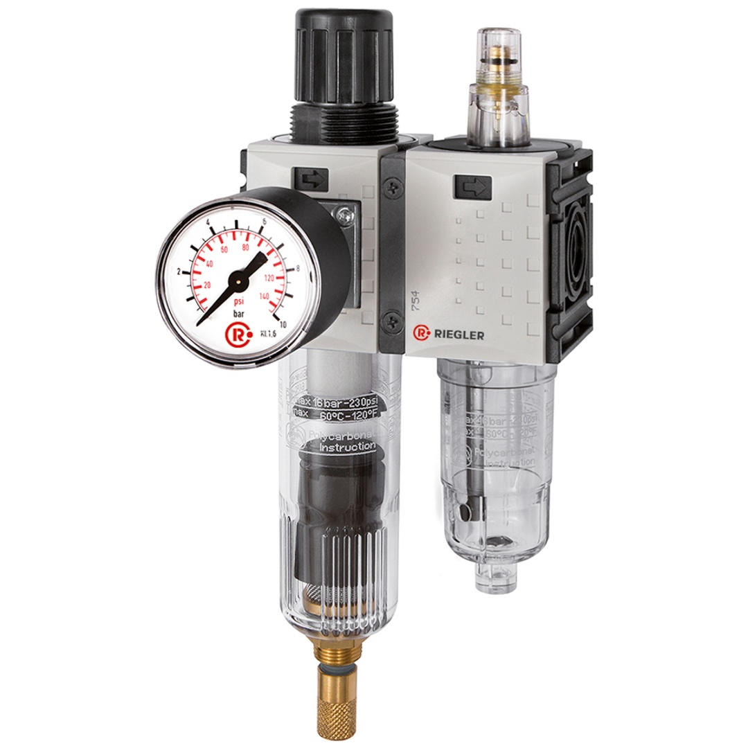 Riegler Wartungseinheit 2-tlg. »FUTURA-mini«, PC-Beh., Standardmanometer, G 1/4, 0,5-10, VA