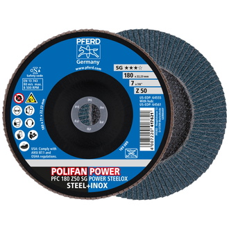 PFERD POLIFAN POWER Fächerscheibe PFC 180x22,23 mm konisch Z50 Leistungslinie SG STEELOX für Stahl/Edelstahl