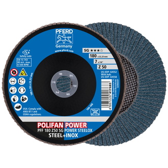 PFERD POLIFAN POWER Fächerscheibe PFF 180x22,23 mm flach Z50 Leistungslinie SG STEELOX für Stahl/Edelstahl